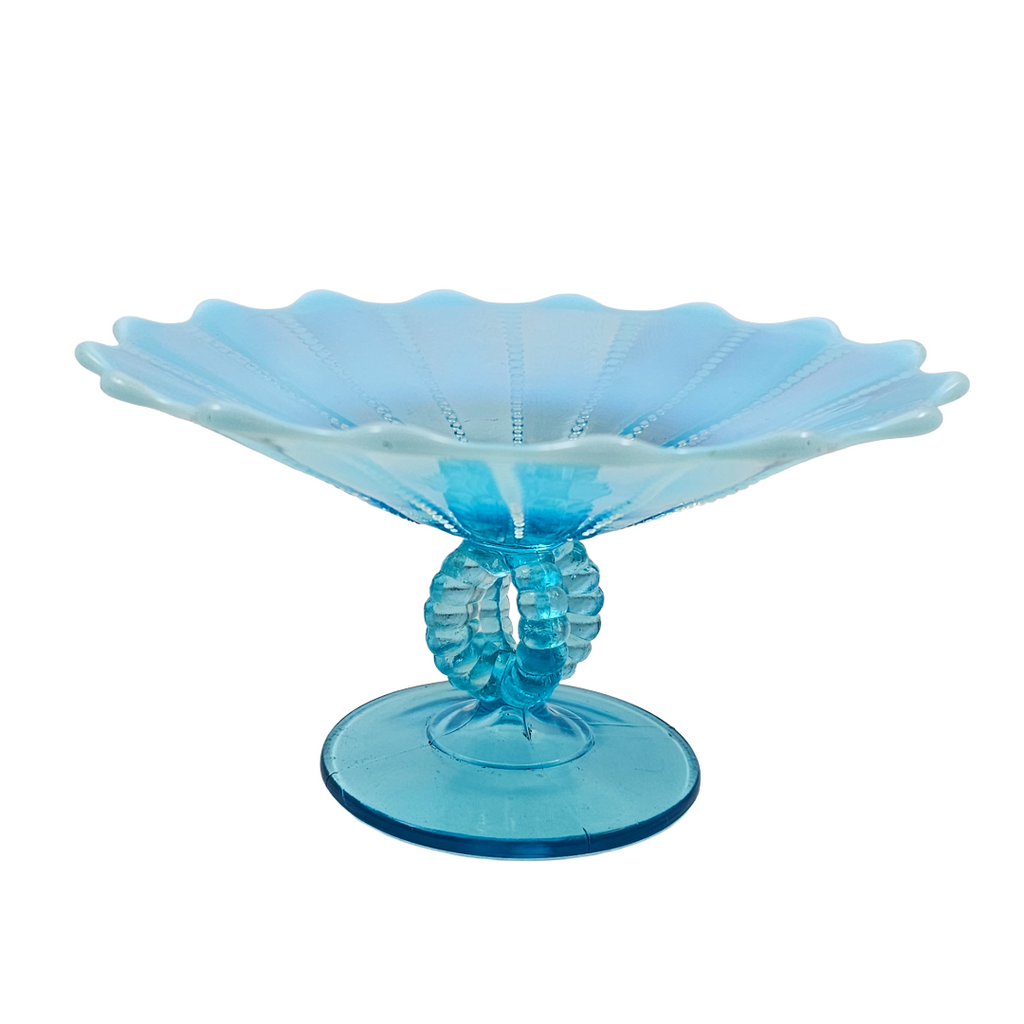 Northwood Beaded Panel Aqua Blue Opalescent Glass Compote