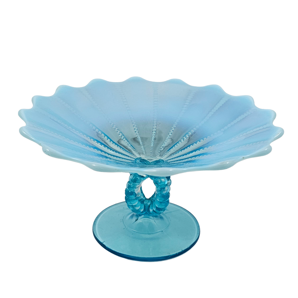 Northwood Beaded Panel Aqua Blue Opalescent Glass Compote