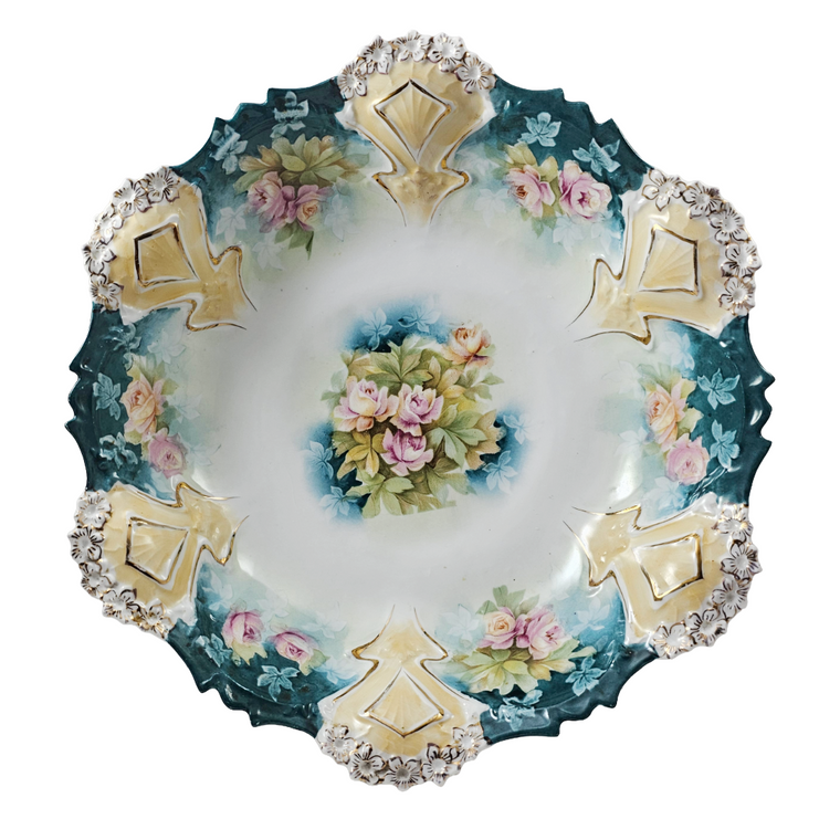 Antique RS Prussia 10.5” Bowl Mold 82 Variation Teal Green Pink Roses
