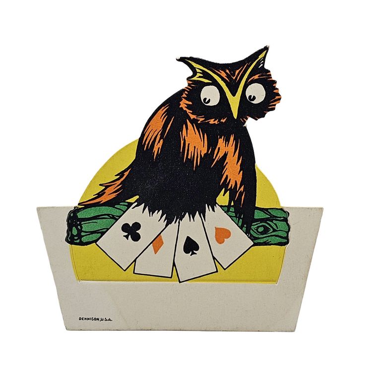Vintage Dennison Halloween Die Cut Place Card Owl Holding Playing Cards