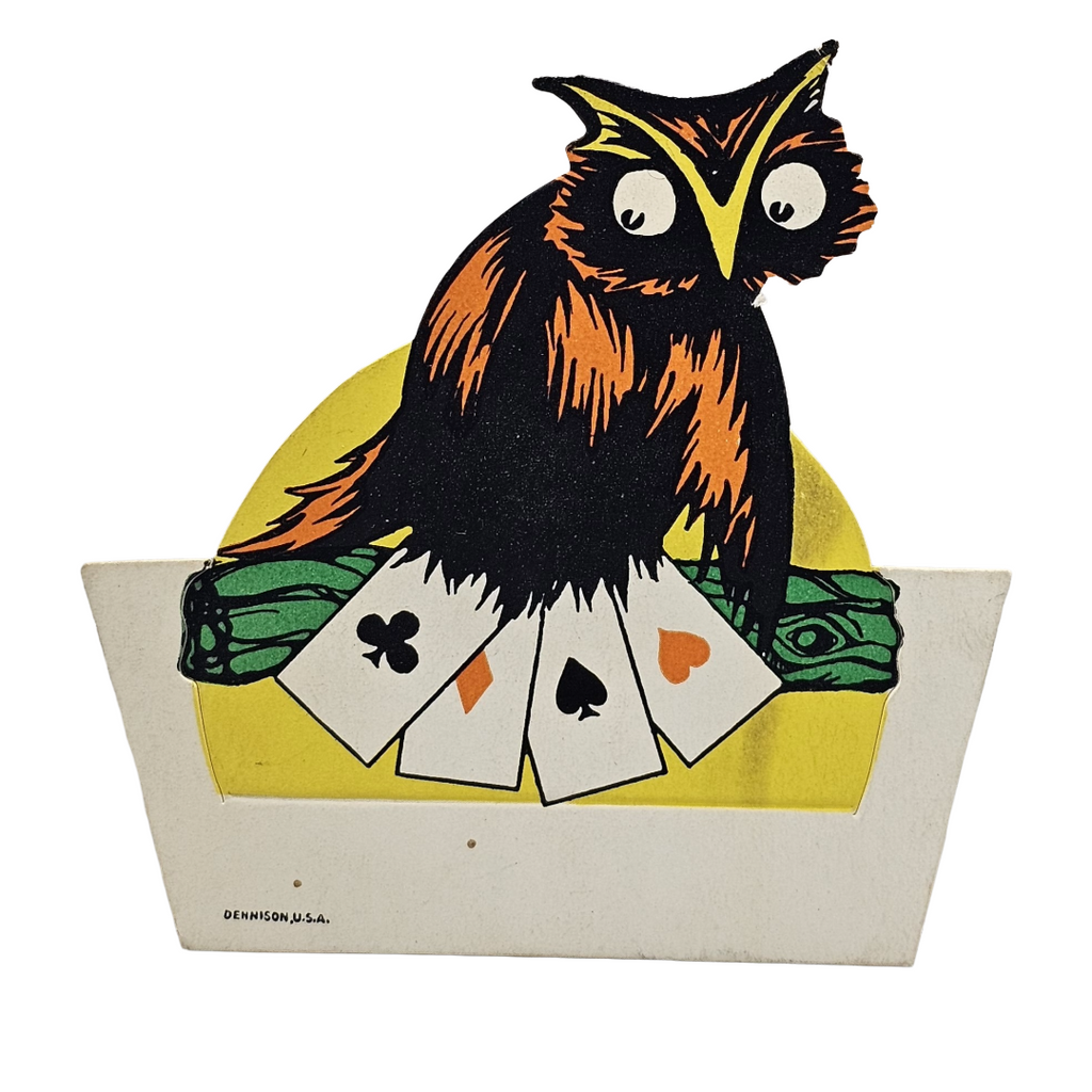 Vintage Dennison Halloween Die Cut Place Card Owl Holding Playing Cards