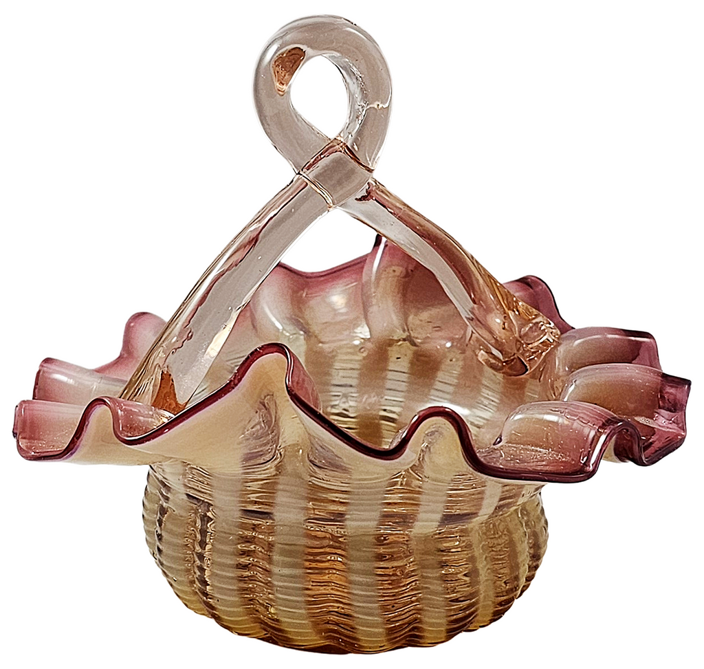 Victorian Stevens Williams Art Glass Miniature Pink Opalescent Stripe Basket