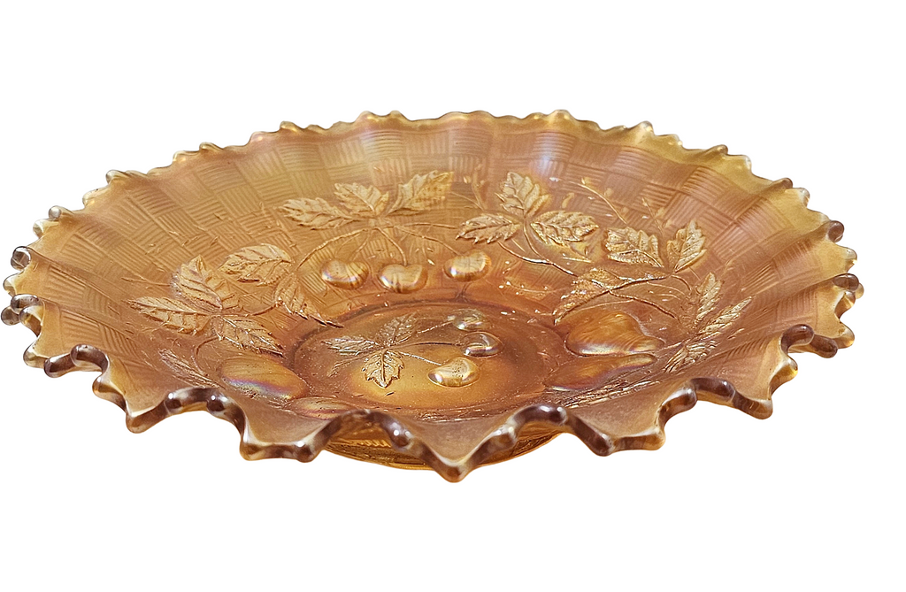 Northwood Marigold Three Fruits Carnival Glass Bowl Basket Weave Back