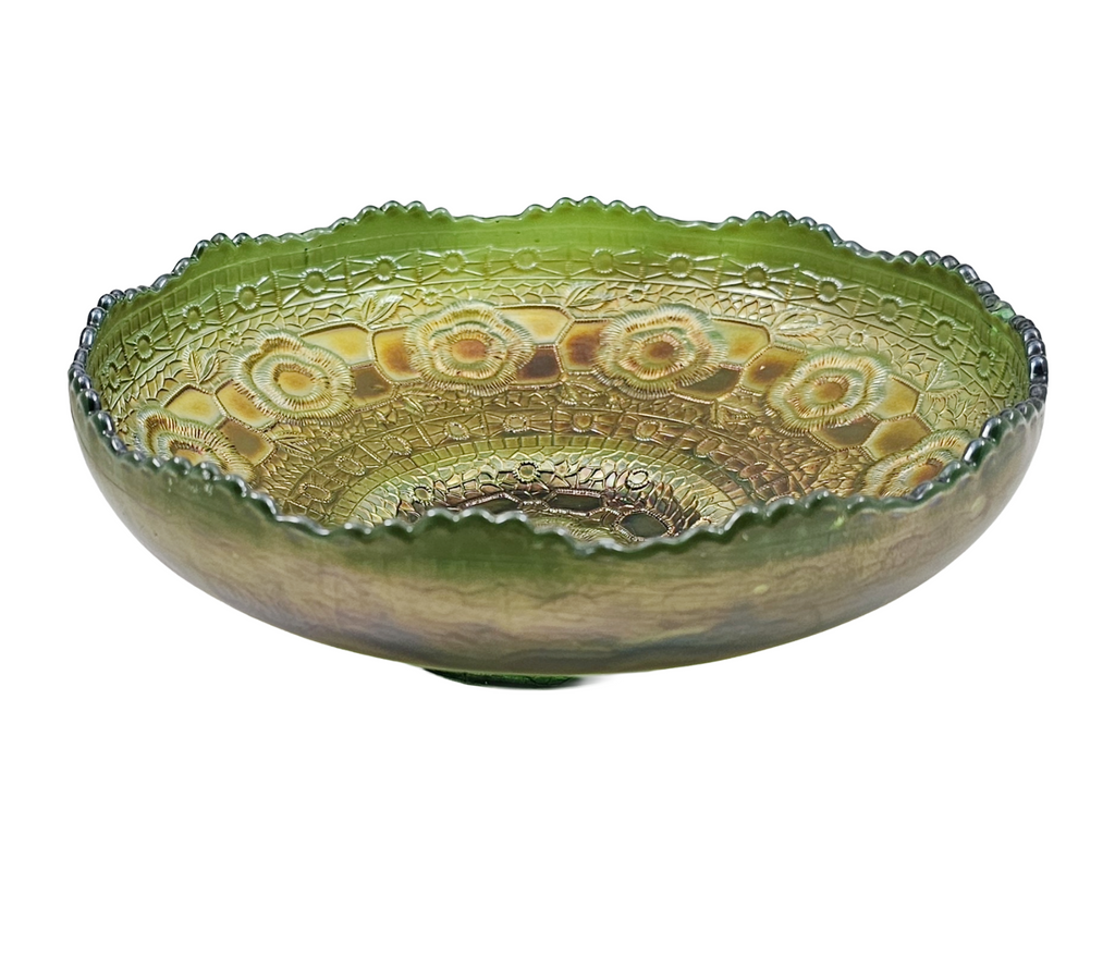 Antique Fenton Green Captive Rose Carnival Glass Round Bowl
