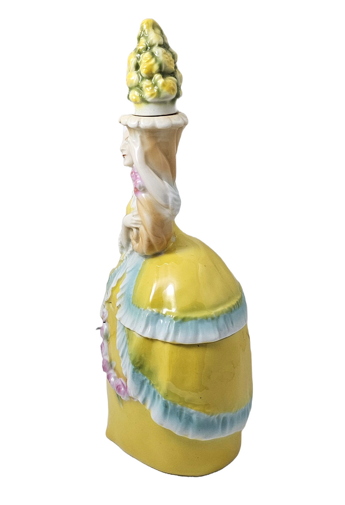 Bavarian Porcelain Erphila Yellow Figural Woman Powder Box Jar & Perfume Half Doll