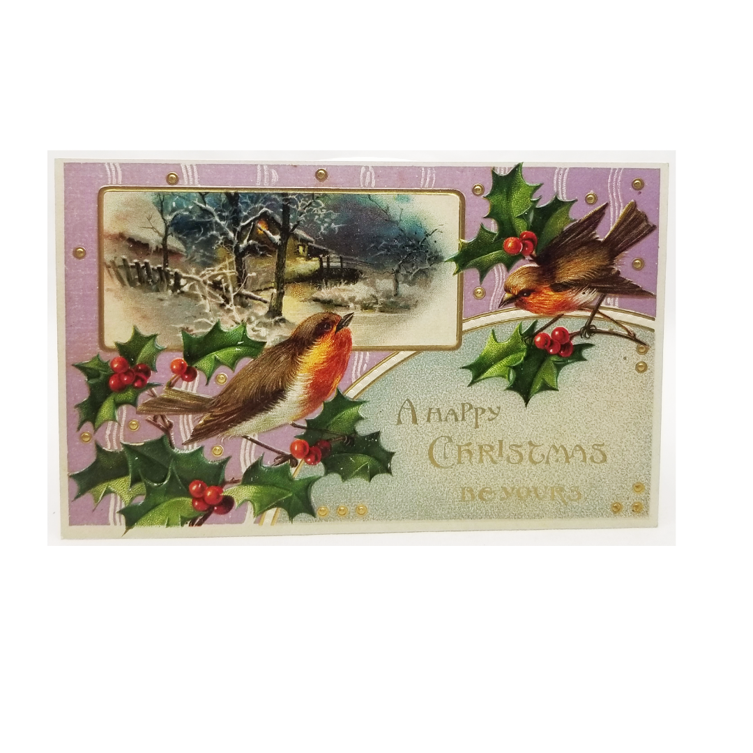 Vintage Christmas Postcard, Antique German Holiday Card Robin Birds in Landscape and Holly with Applied Gold Embellished Dots