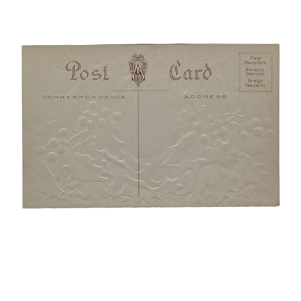 Christmas Postcard Silver Embossed Woman Face Hidden in Holly