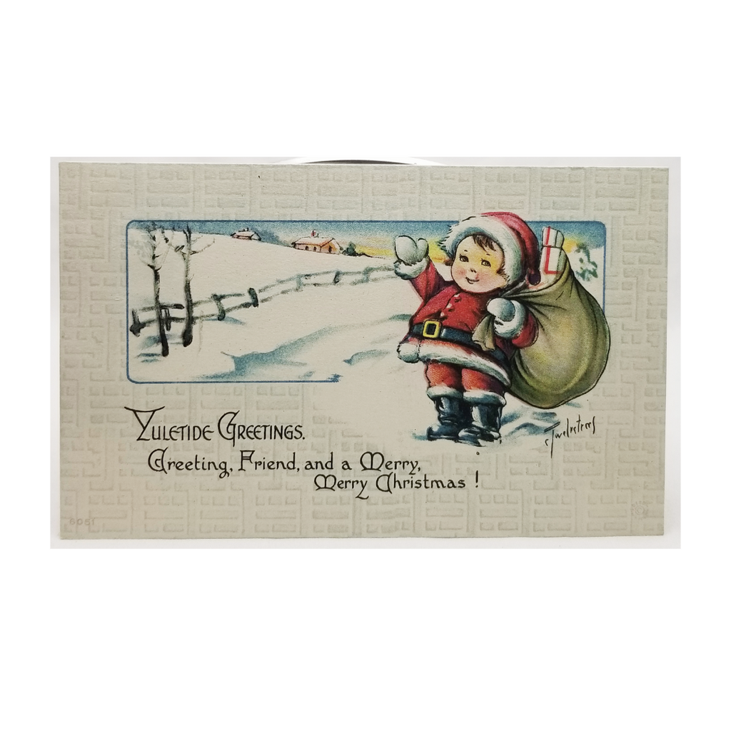 Vintage Christmas Postcard, Antique Holiday Card, Charles Twelvetrees Child in Santa Claus Suit with Gift Bag Dolly Dimple Sticker on Back