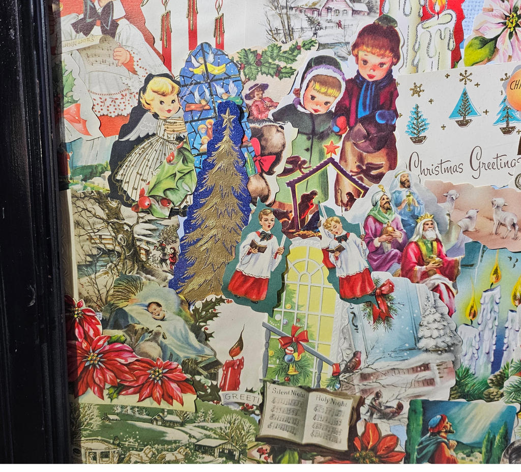 Framed Mid Century MCM Vintage Christmas Card Collage Puzzle Art