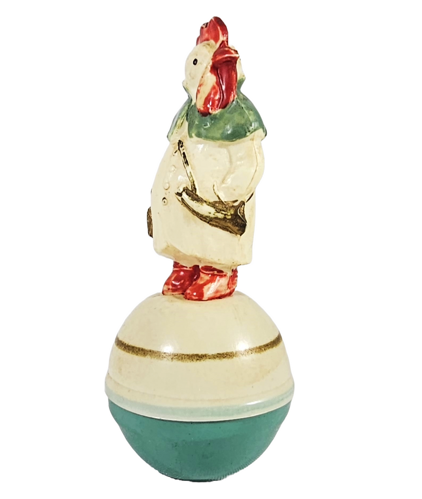 German Celluloid Roly Poly Toy Mr. Rooster Evening Suit
