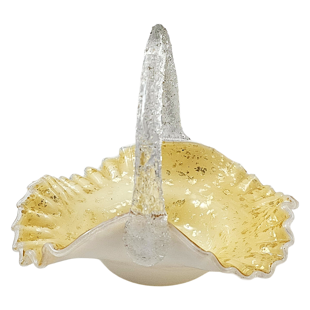 Victorian Cased Art Glass Basket Gold Mica Ruffle Rim Thorn Handle