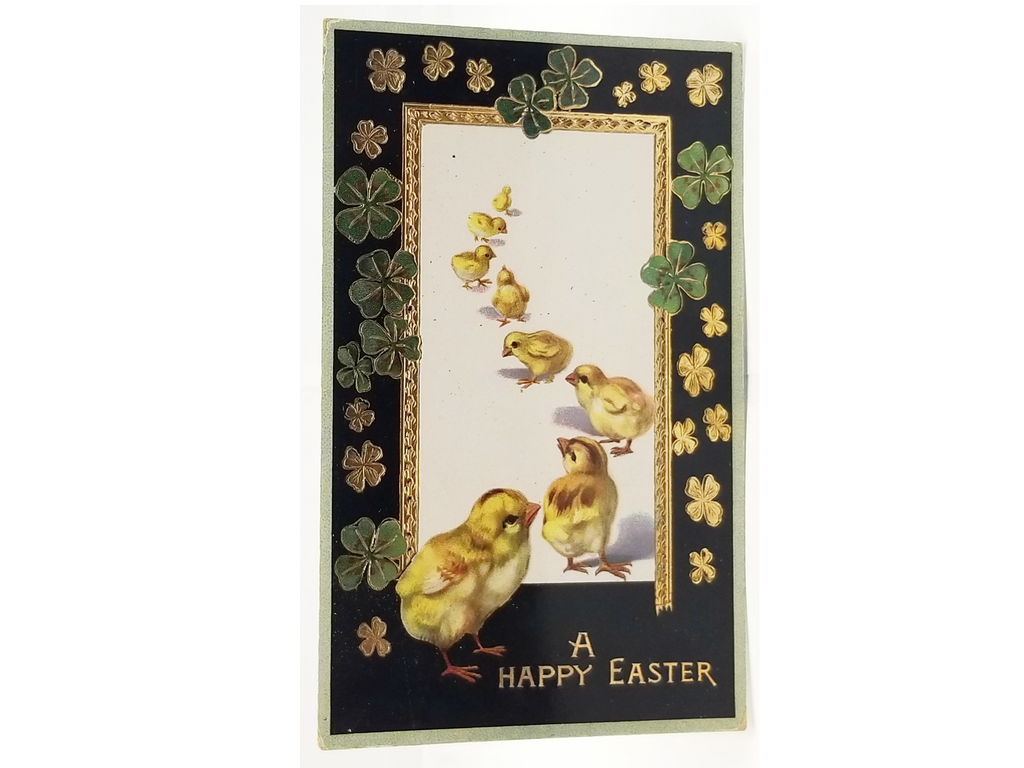 Antique Vintage Easter Postcard, Embossed with Gel Finish Gold Embellished Four Leaf Clovers with Line of Walking Baby Chicks