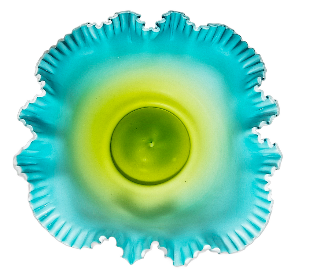 Victorian Cased Glass Bride's Basket Blue Green Satin Finish