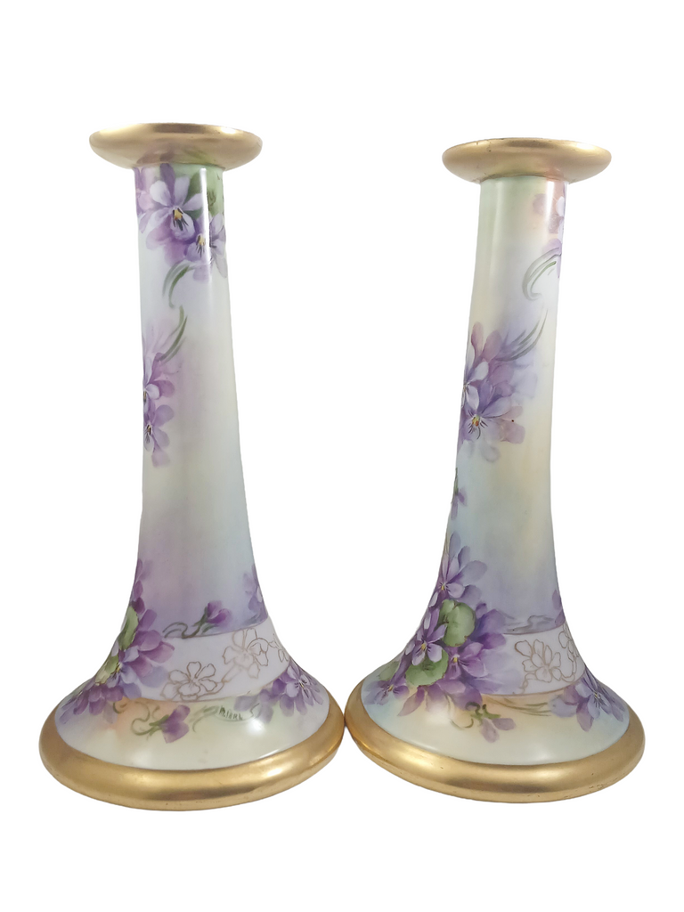 Limoges Porcelain Candle Holders Hand Painted Violets Artist Signed Perl