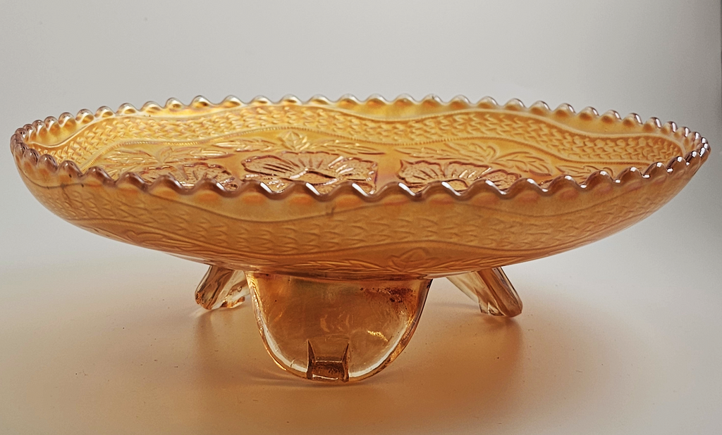 Fenton Marigold Carnival Glass Footed Bowl: Dogwood & Marsh Lily Pattern