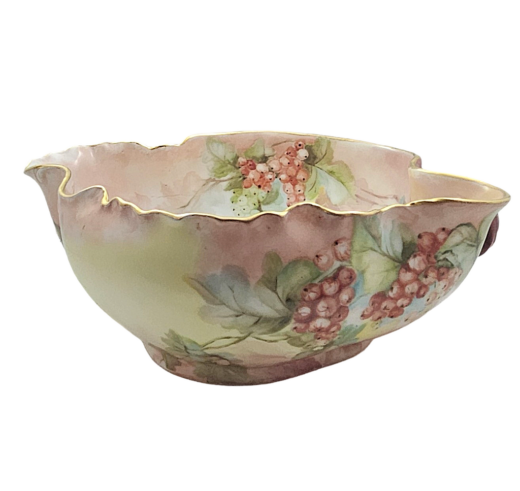 LIMOGES Porcelain Bowl Hand Painted Red Currants Branch Handle