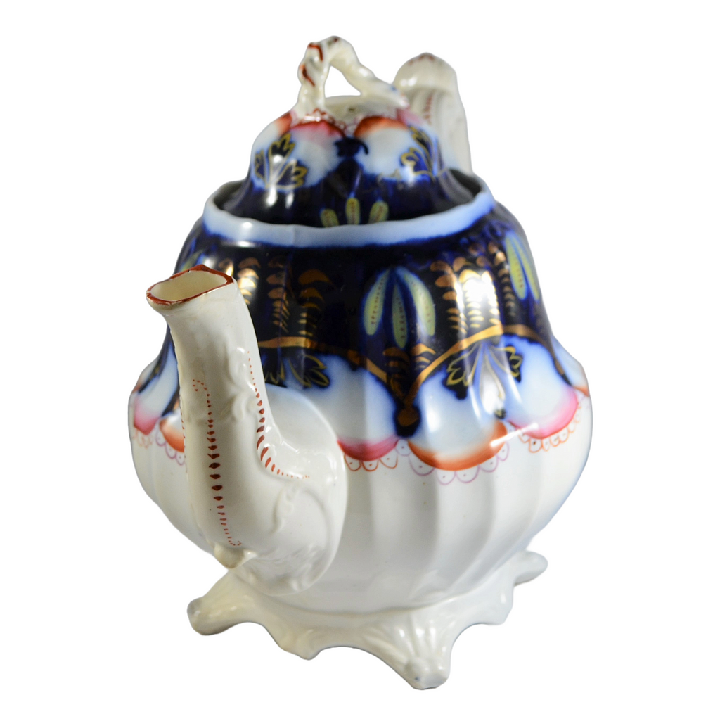 19th Century Rare Staffordshire Gaudy Welsh Ironstone Banana Flow Blue Teapot