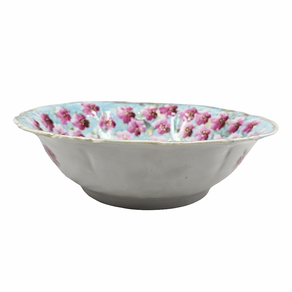 Antique Large Nippon Bowl Blue w/ Pink Flowers Moriage Gold