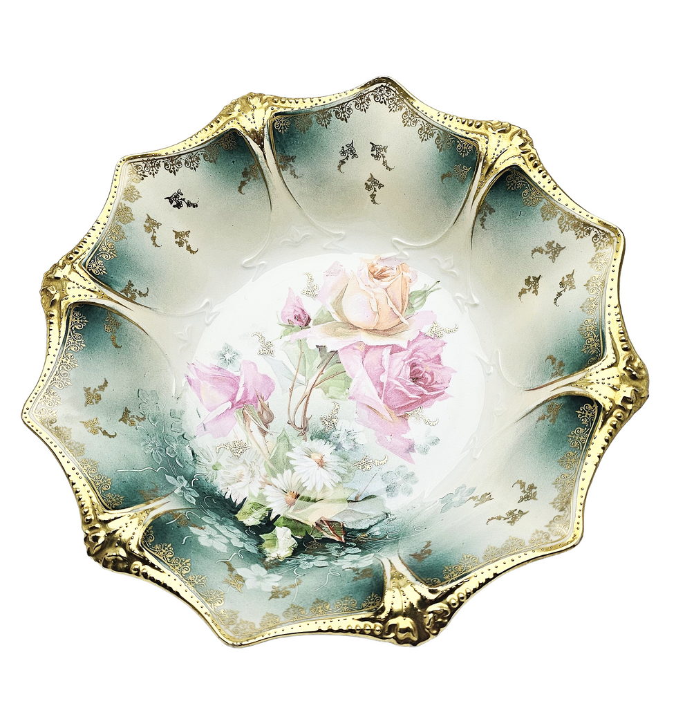 RS Prussia Bowl German Porcelain Mold 83 Gold with Roses