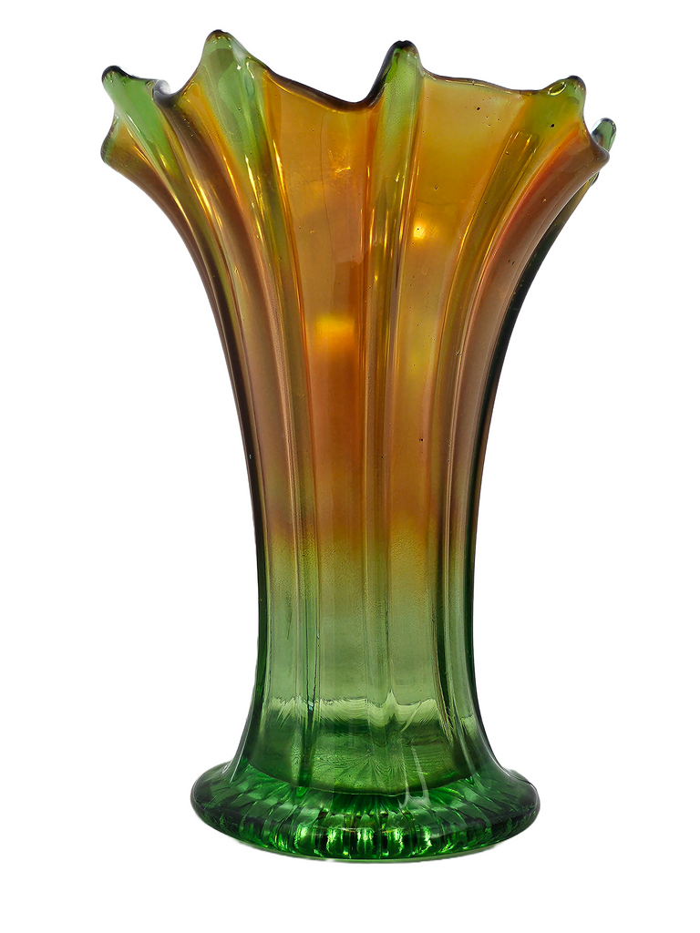 Antique Northwood Thin Ribbed Carnival Glass Vase, Marigold & Green Standard Swung Carnival Vase