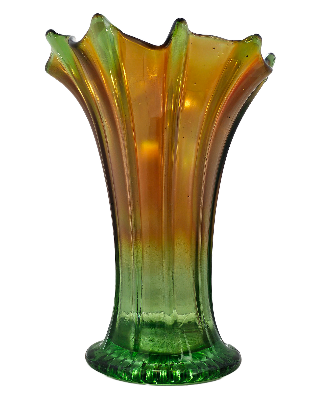 Northwood Thin Ribbed Swung Marigold Green Carnival Glass Vase