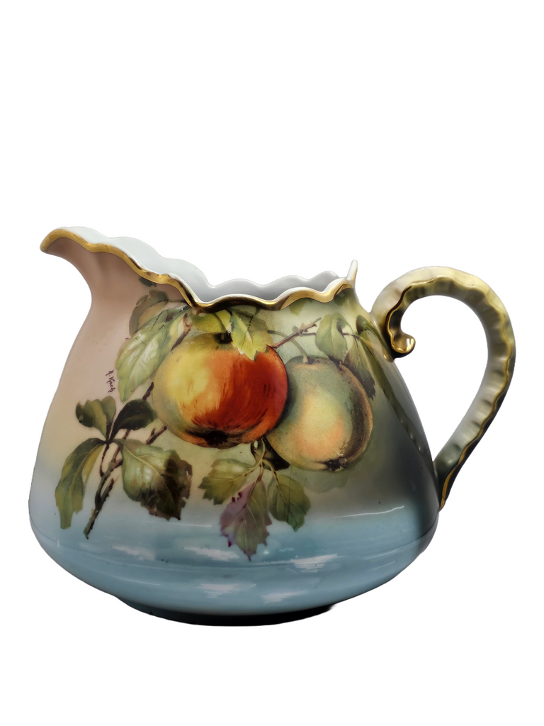 Antique German Bavarian Porcelain Cider Pitcher Artist Signed Hand Painted Apples with Gold Gilt Trim