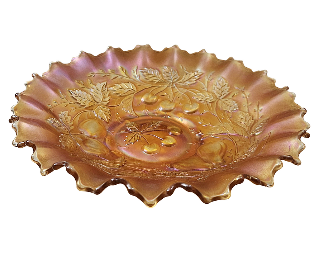 Northwood Marigold Three Fruits Carnival Glass Bowl Pie Crust Border