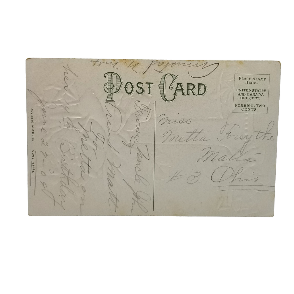 Greetings Postcard Happy Birthday Pink Roses in Vase Gold Highlights Gel Finish Series 1460