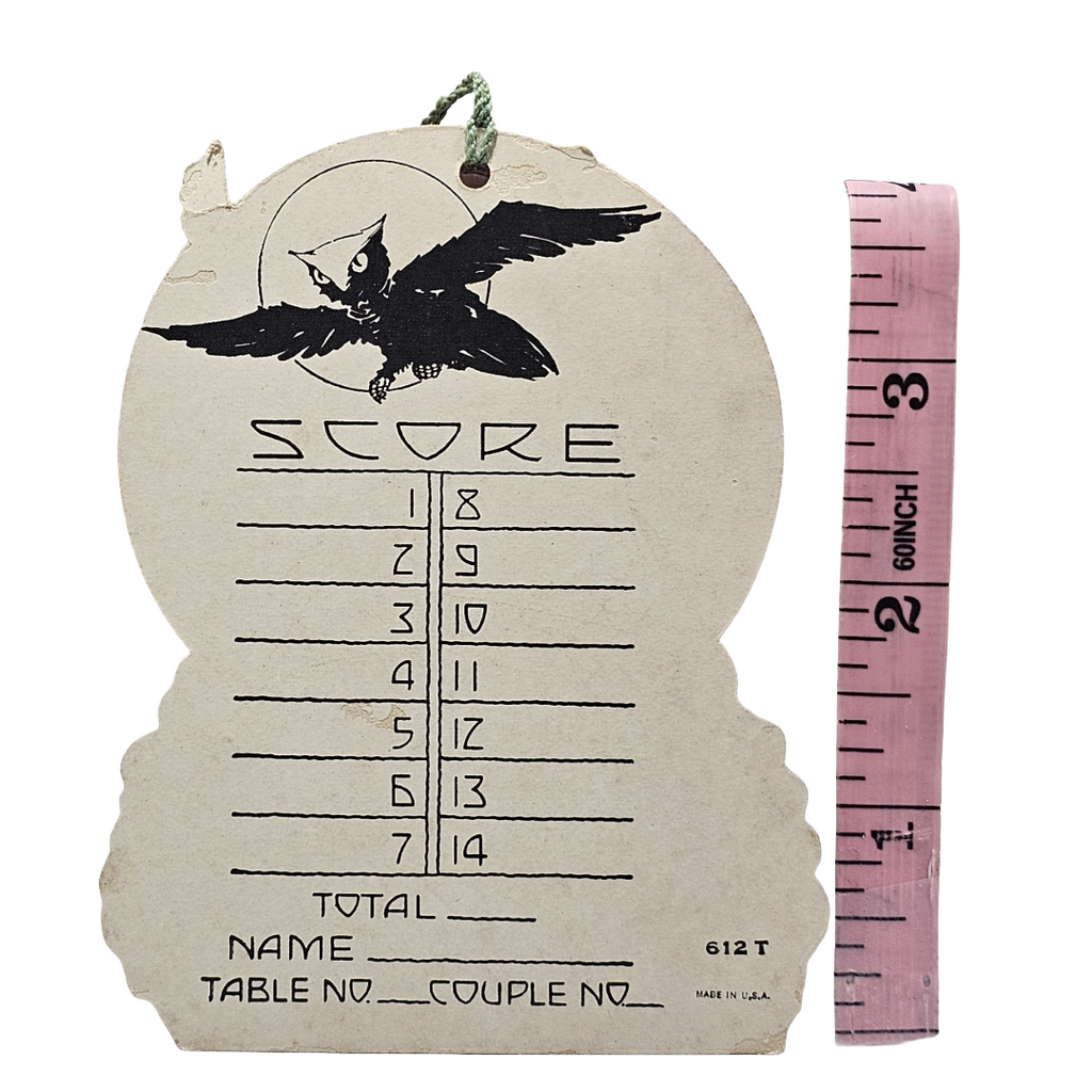 Vintage Halloween Die Cut Tally Card Black Owl In Front of Orange Moon