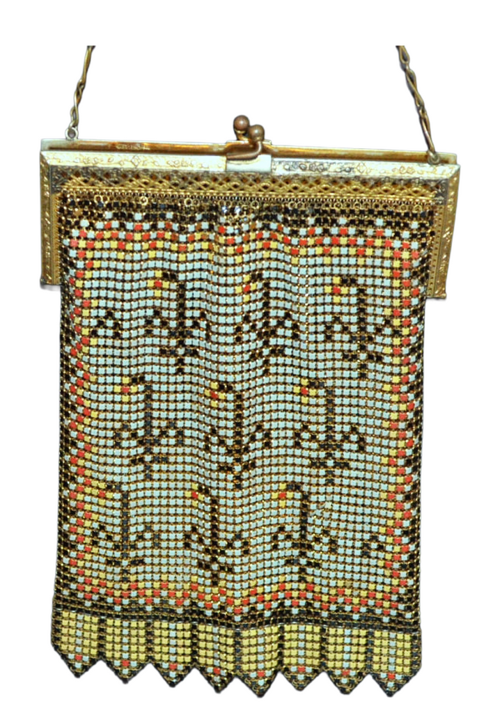 Vintage Metal Enamel Mesh Whiting Davis Handbag Art Deco Flower Purse