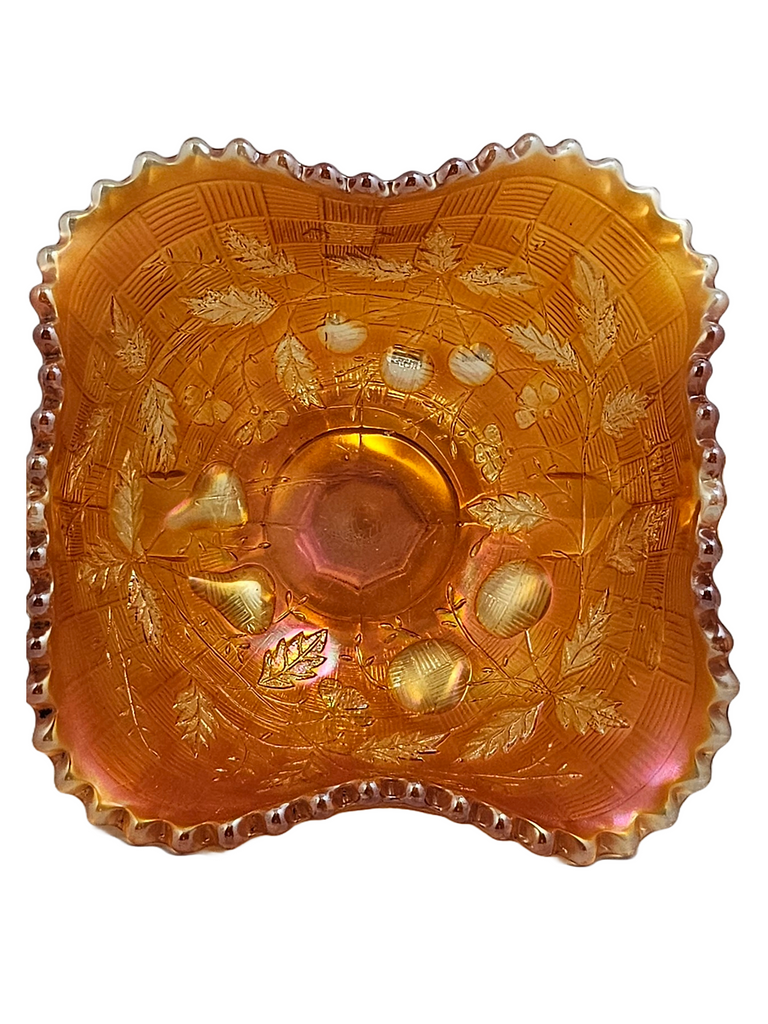 Northwood Marigold Orange Fruits & Flowers Carnival Glass Bon Bon Dish with Basket Weave Exterior