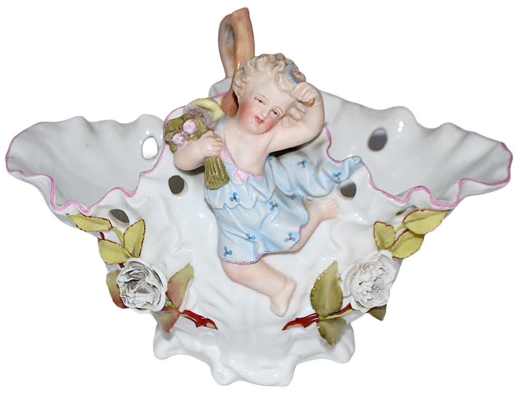 Large Antique Sitzendorf Porcelain Floral Encrusted Cherub Putti Basket