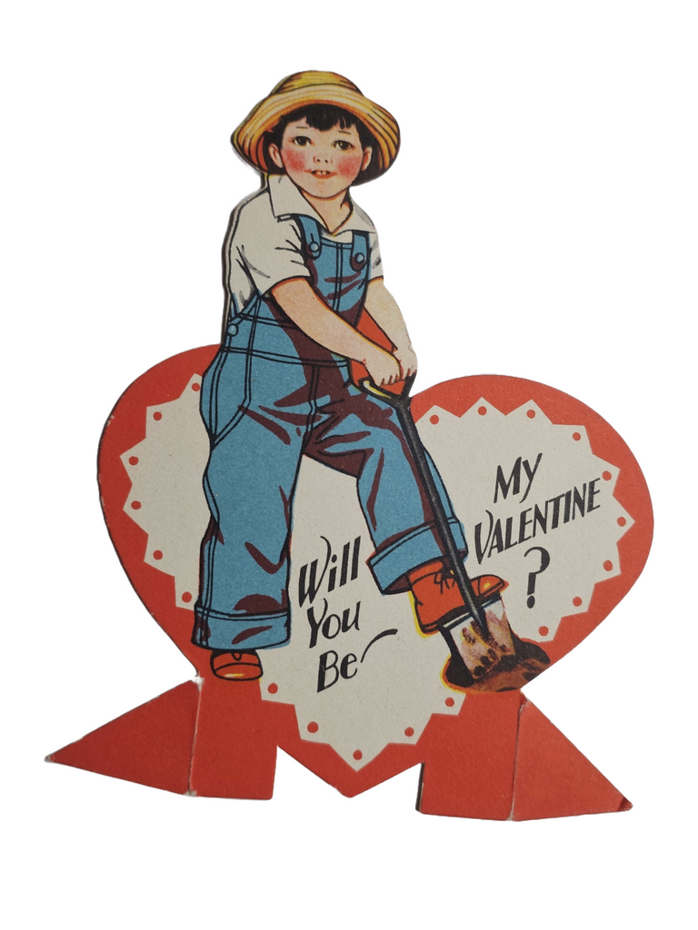 Vintage Antique Die Cut Valentine Card Boy in Overall Blue Suspenders & Straw hat Digging with Giant Heart in Back