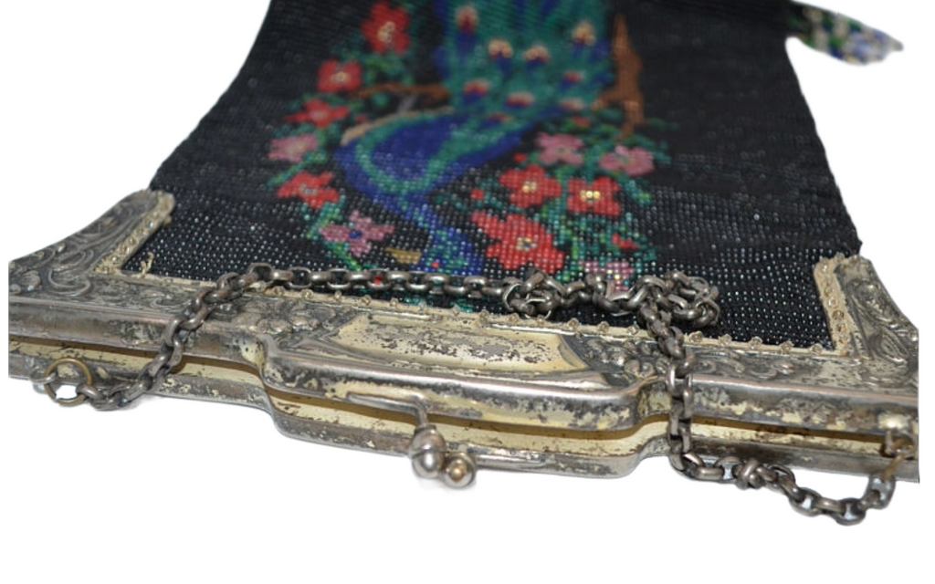 Antique Vintage Handmade Scenic Handbag Beaded PEACOCK PURSE