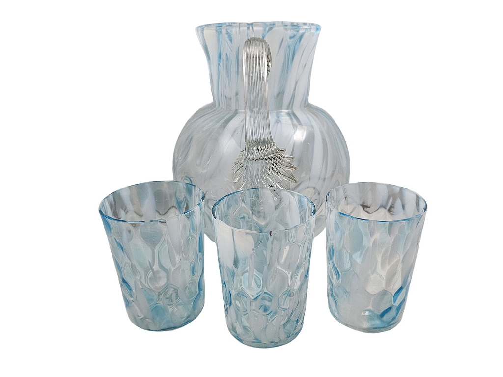Phoenix Spot Optic Spatter Glass Four Piece Water Set Pitcher Tumblers Opal Blue