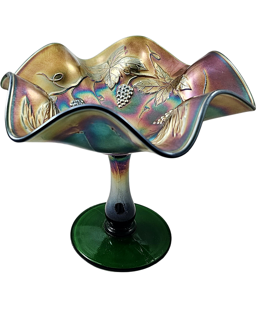 Fenton Grape & Leaves Green Carnival Glass Compote
