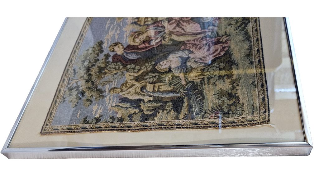 Vintage Pair Framed French Tapestries Pastoral Scenes People w/ Sheep