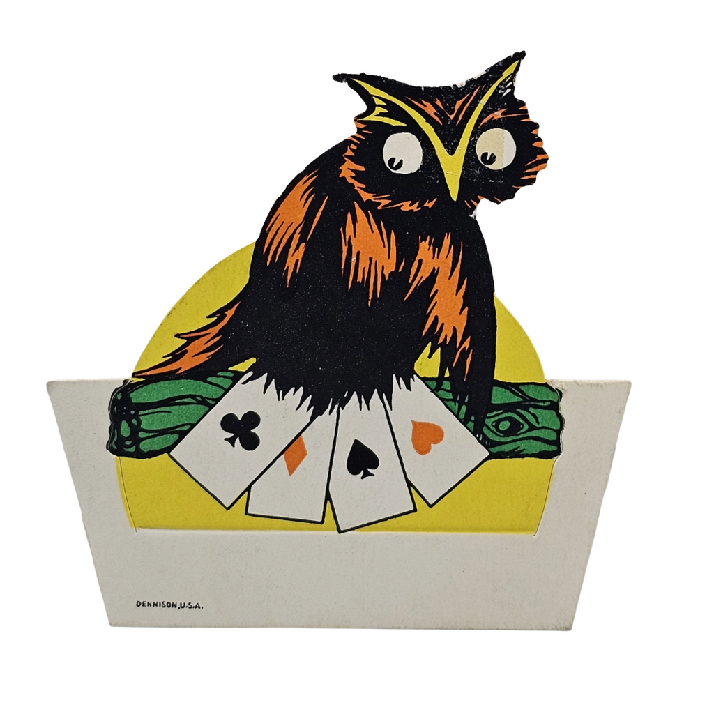 Vintage Dennison Halloween Die Cut Place Card Owl Holding Playing Cards