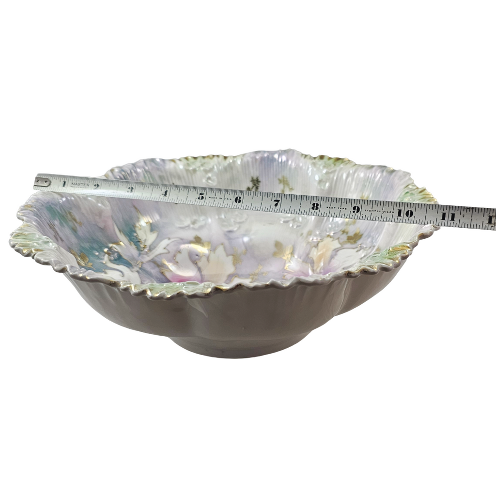 Antique RS Prussia 10.5” Bowl w/ Lavender Green Luster & Purple Lilies