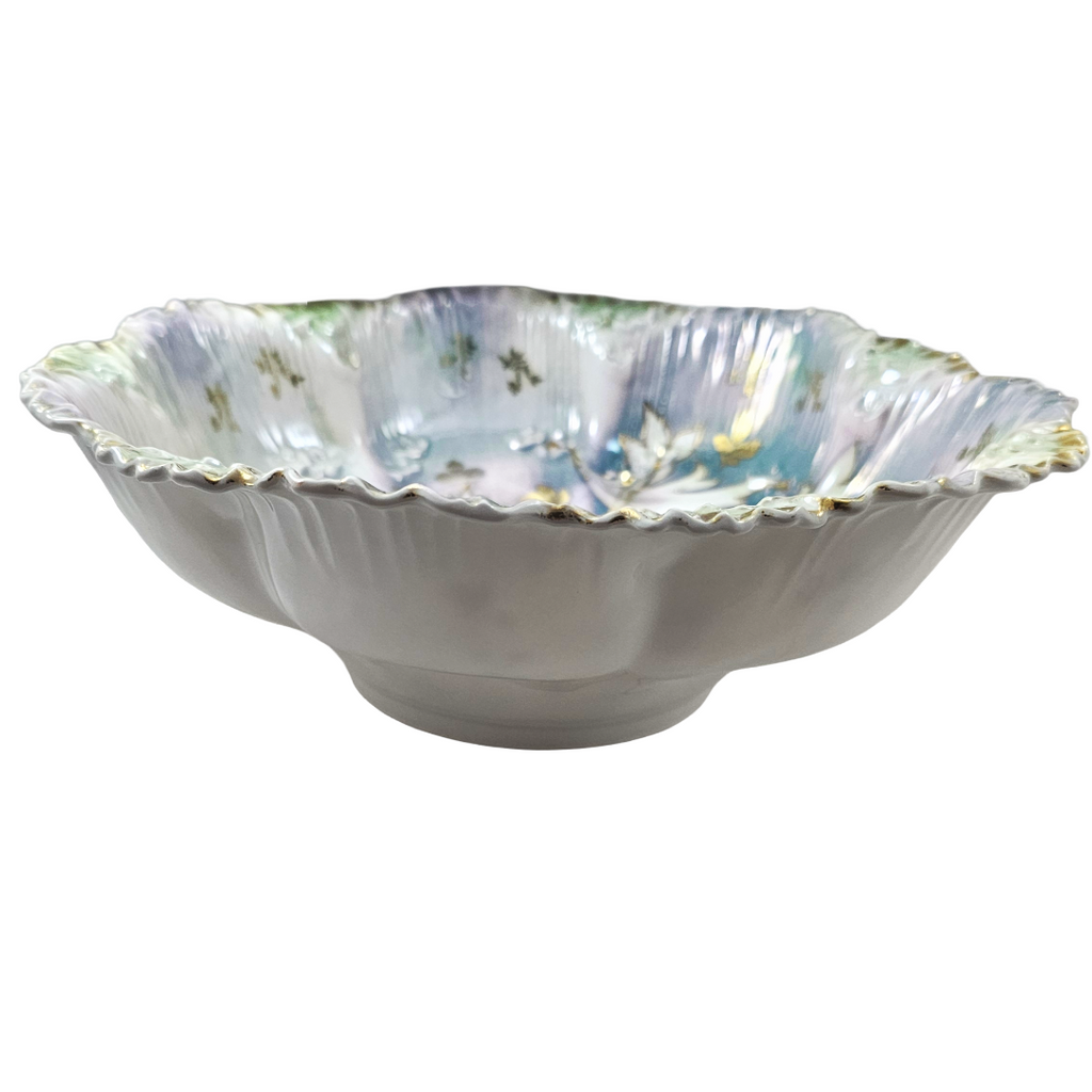 Antique RS Prussia 10.5” Bowl w/ Lavender Green Luster & Purple Lilies