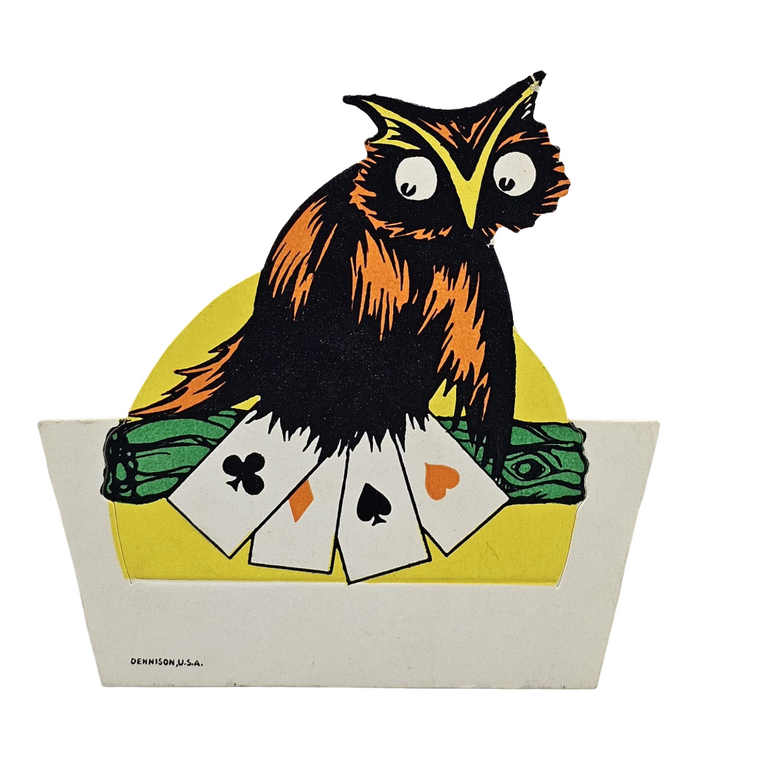 Vintage Dennison Halloween Die Cut Place Card Owl Holding Playing Cards