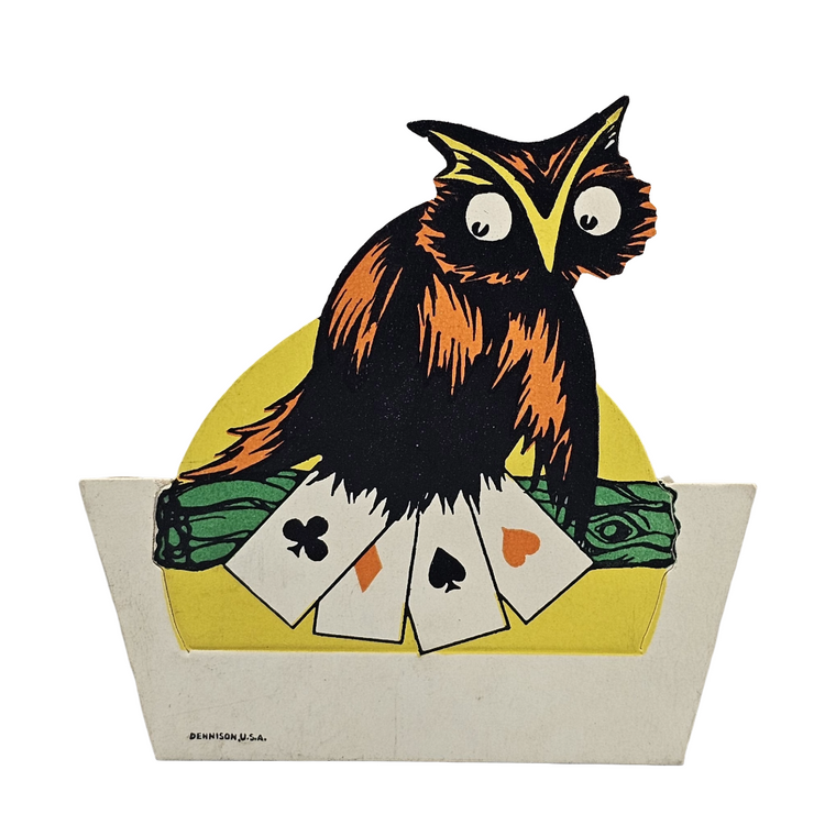 Vintage Dennison Halloween Die Cut Place Card Owl Holding Playing Cards