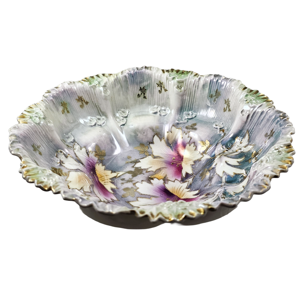 Antique RS Prussia 10.5” Bowl w/ Lavender Green Luster & Purple Lilies