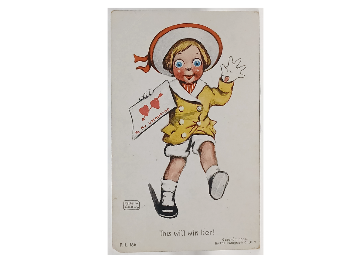 Antique Vintage Valentine Postcard, Little Boy in Sailor Suit Carrying Card for Girl, Artist Katherine Gassaway Rotograph Card