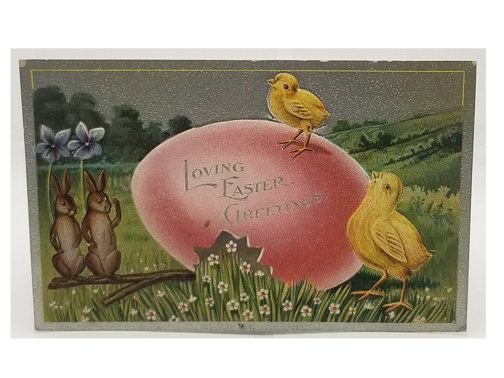 Antique Vintage Easter Postcard, Rabbits Holding Violets Balancing Giant Pink Egg with Baby Chicks Silver Background Series 2