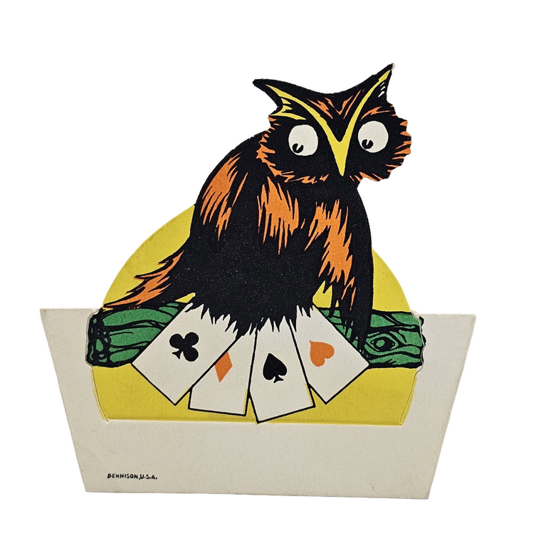 Vintage Dennison Halloween Die Cut Place Card Owl Holding Playing Cards