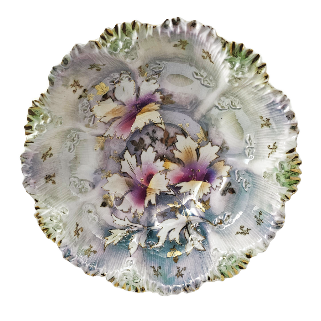 Antique RS Prussia 10.5” Bowl w/ Lavender Green Luster & Purple Lilies