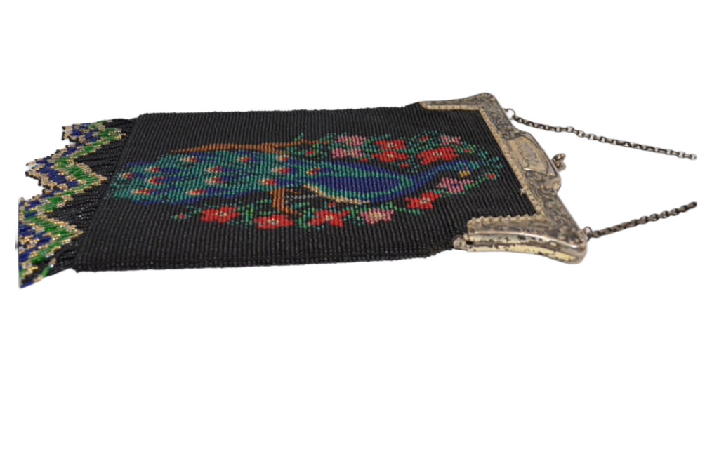 Antique Vintage Handmade Scenic Handbag Beaded PEACOCK PURSE