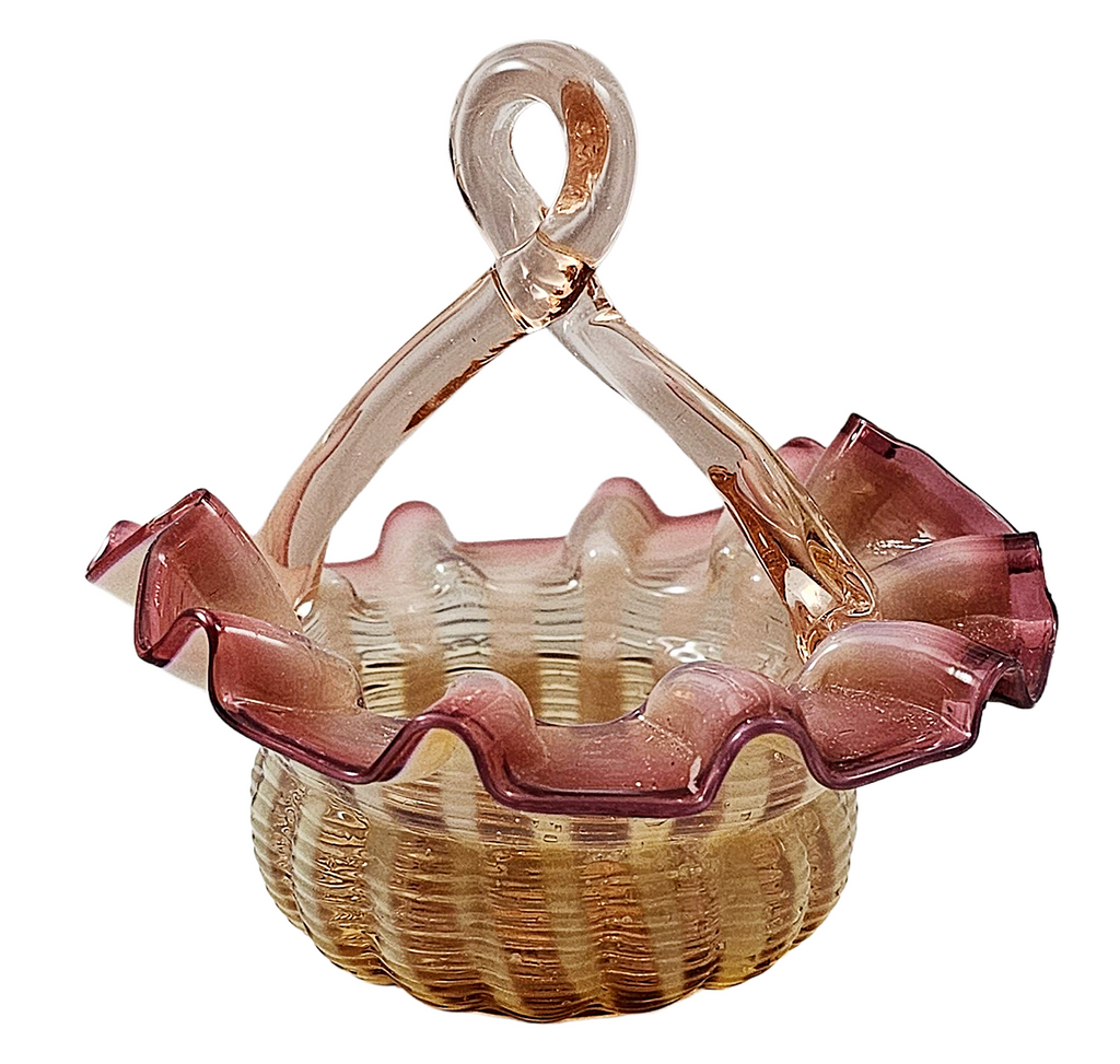 Victorian Stevens Williams Art Glass Miniature Pink Opalescent Stripe Basket