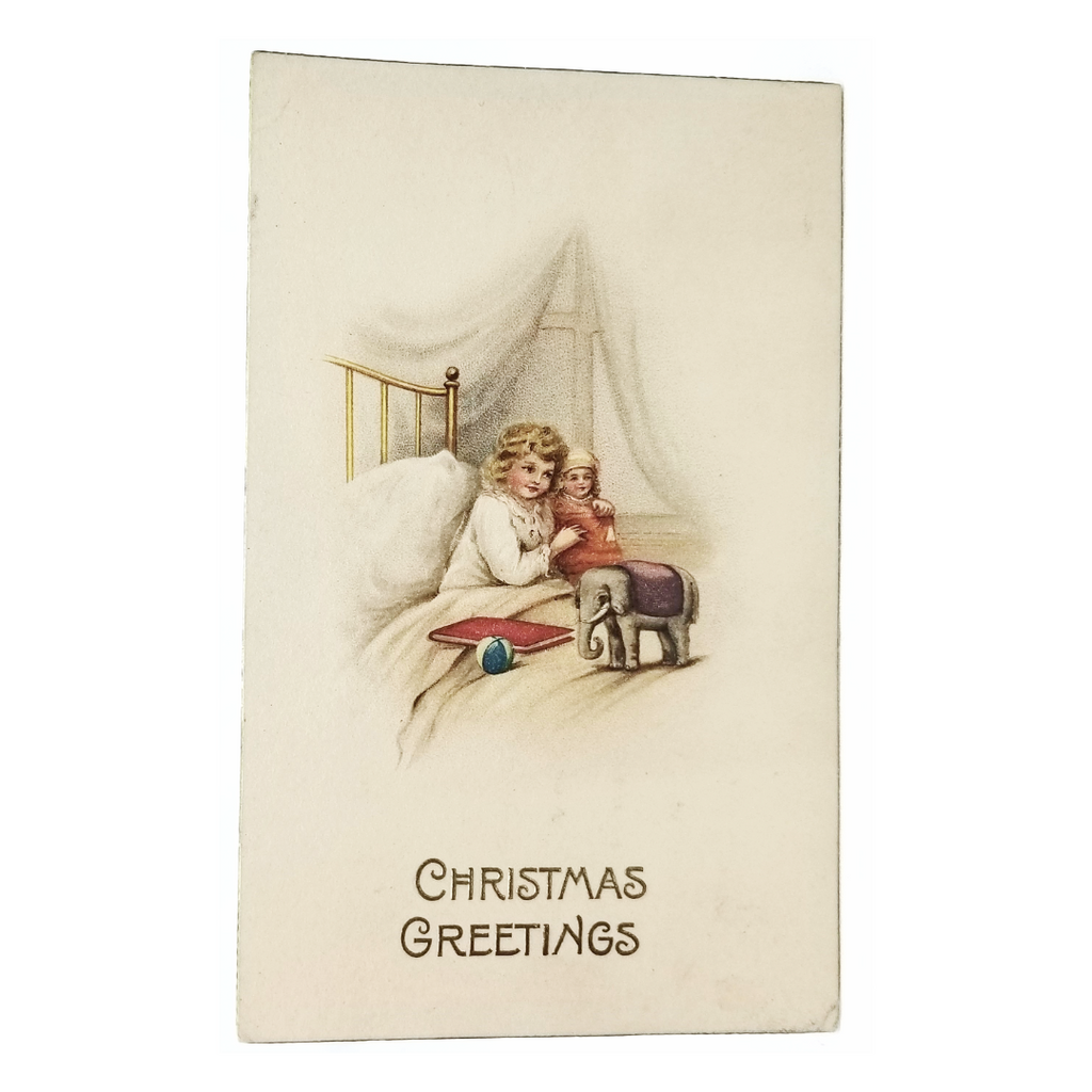 Vintage Christmas Postcard, Antique Holiday Card Embossed with Child Holding Doll Stuffed Toy Elephant Series 1286